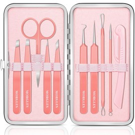 Eyebrow Tweezers for Women, Ingrown Hair Tweezers with Blackhead Extractor, Pimple Popper Tool Kit with Eyebrow Razor, Scissor in Leather Travel Case