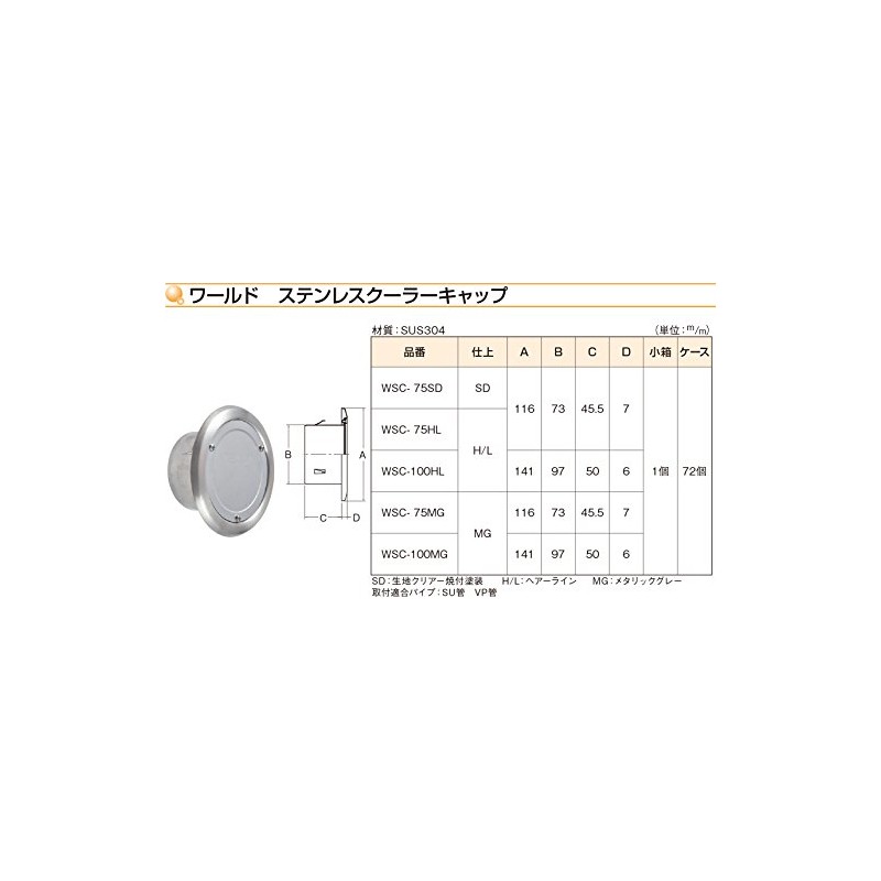 ワールド SUS304ステンレス クーラーキャップφ100mm H/L(ヘアーライン)クリアー WSC-100HL