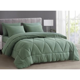 Chezmoi Collection Jasper Sage Green Full Size Bed in a Bag 7-Pieces Triangle Geometric Quilted Stone Washed Microfiber Comforter with Sheets Lightweight All Season Bedding Set