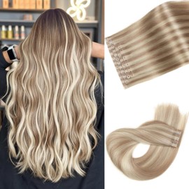 Human Hair Extensions Micro Ring PU Hair Extensions Glueless Remy Human Hair Extension with Holes Ash Blonde Highlight Blonde 18/613 Invisible Tape in Hair Extension for Women (40g 4Pcs,22 Inch)