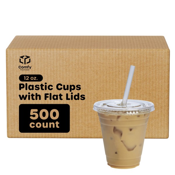 Comfy Package [12 oz. - Case of 500 Crystal Clear Plastic Cups With Flat Lids