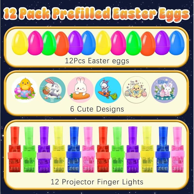12 Pack Prefilled Easter Eggs with Glow-in-the-Dark Finger Lights –