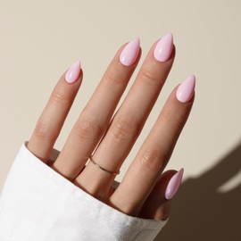 KQueenest Baby Pink Press On Nails Short - Summer Press On Nails Almond, Sheer Fake Nails Pastel Light Pink, Glossy Opaque, Stiletto Reusable Soft Gel Glue on Nails for Women, 30 Pcs