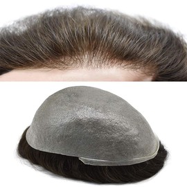 Mens Toupee Wigs Invisible Mens Hair Replacement Poly Hairpiece V-loop 0.04mm Thin Skin Human Hair System Brown Man Hair Unit Gray Wig for Men(8"x10",#210 Darkest Brown+10%Gray-100% Light to Med-Light