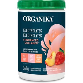 Organika Canadian-Made Electrolytes + Enhanced Collagen - Strawberry Peach Flavour - Sugar-Free Hydration | 5g Protein + 100% of Daily Vitamin C - 360g, 30 Servings