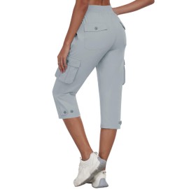 MoFiz Cargo Capris for Women Lightweight Hiking Pants Stretch Elastic Waist Capri with Pockets for Summer Travel Gray XS