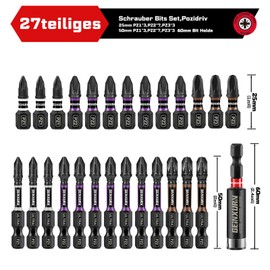 GEINXURN Pozidriv Screwdriver Bit Set Impact Resistant PZ1 PZ2 PZ3 25 mm 50 mm Length 1/4 Hex Shank S2 Alloy Steel Screwdriver Bit Set with 1 Piece 60 mm Magnetic Bit Holder Ultra Colour Code 26-Piece