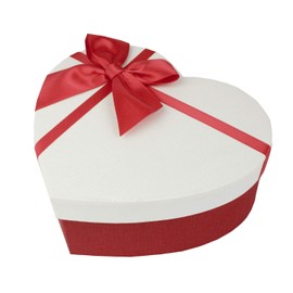 Emartbuy Rigid Heart Gift Box, 19 x 17 x 7.5 cm, Textured Red Box with White Lid, Satin Bow and 50g Shredded Paper in Cream