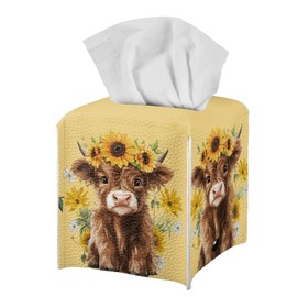 Tutolipy Sunflower Cow Tissue Box Cover Square, Leather Novelty Cube Box Holder Facial Paper Case Modern Table Napkin Organizer Home Decoration Highland Cow Western Yellow