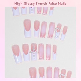 French Tip Press On Nails Long - 24Pcs Pink-White GradientSquare False Nails - 3DShiny Fake Nails with Love Pearl And Rhinestones Designs - Full Cover French Glue on nails for Women