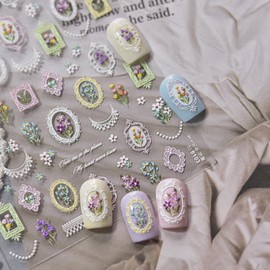 CharmeFleur Vintage Blumen Rahmen Nagelaufkleber 5D Relief Blumen Nageldesigns 3D Selbstklebende Gänseblümchen Nägel Zubehör Tulpenstrauß Nagelbilder Sommer Nagelkunst