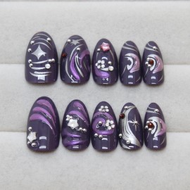 Handmade Press on Nails Medium Almond Fake Nails 3D Water Ripple False Nails Purple Silver Gradient Glue on Nails Star Nails Glossy Reusable Black Nails for Women Girls Manicure 24pcs