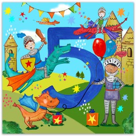 Twizler 5th Birthday Card for Boys - Knights & Dragons - Age 5 Year Old Childrens Happy Birthday Card for Kids