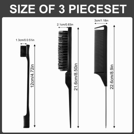 3 Pcs Slick Back Hair Brush Set, with Edges brush, Rat Tail Comb, Bristle Hair Brush Teasing Hair Brush, Hair Styling Comb for Hairdresser Women Children Baby (Black)