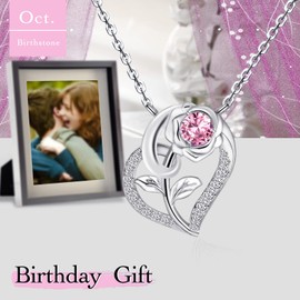 Qings October Tourmaline Birthstone Necklace for Women 925 Sterling Silver Rose Flower Heart Pendant Necklaces with Cubic Zirconia Birthstones Jewellery Anniversary Christmas Gifts for Wife Her
