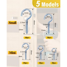 Caianwin 60 Piece Screw Hook Set Mini and Small Hook Screws with Thread Made of Galvanised Steel for Indoor and Outdoor Use, Ceiling Hooks, Wall Hooks, Mounting Hooks (5 Sizes)