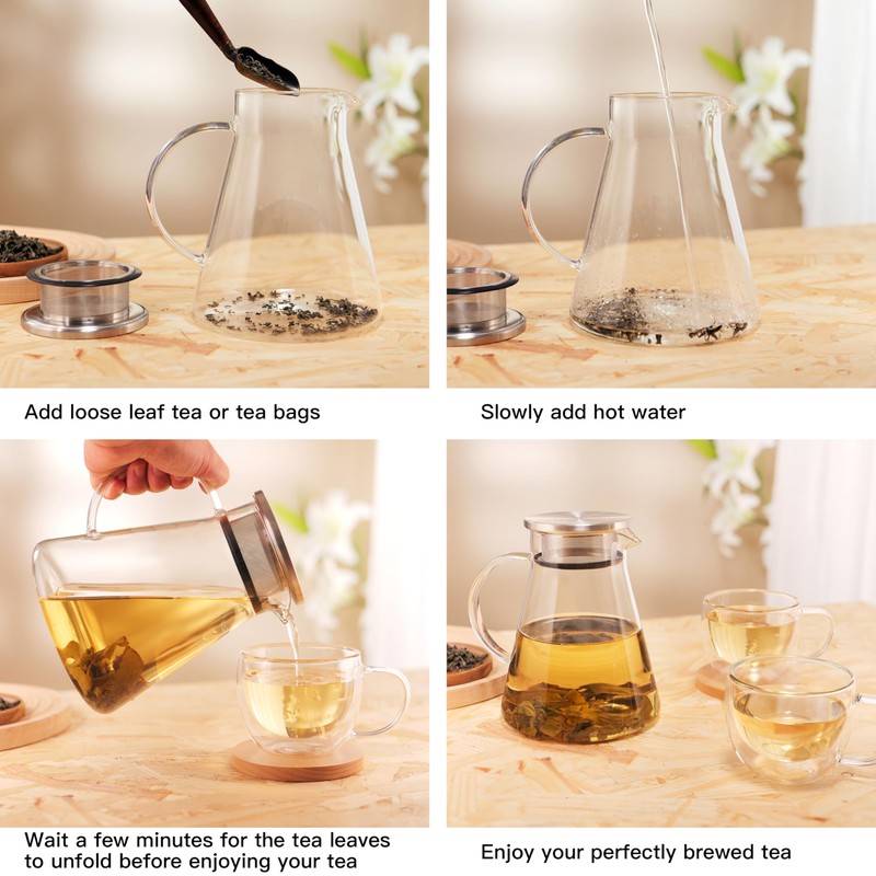 CNGLASS 40oz/1200ml Glass Teapot Stovetop Safe,One-Touch Clear Tea Kettle,Blooming and