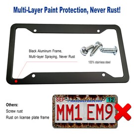 BGGTMO Matte Black Aluminum License Plate Frames- 2 Pack Heavy Duty Car Tag Cover for Front & Rear, 4 Hole Rust Proof Universal Holder, Stainless Steel Mount Screws Caps, Inserts, Rattle Proof Pads