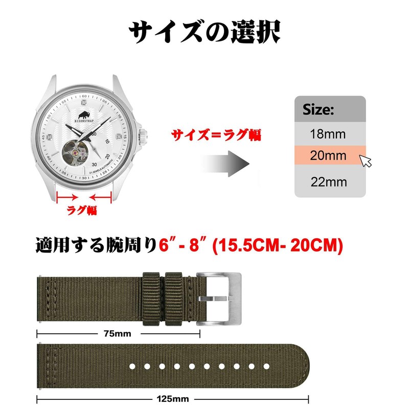 [BISONSTRAP] ナイロン時計バンド ツーピース・ミリタリー腕時計バンド ブラッシュド尾錠 Quick Release 20mm・アーミーグリーン（シルバーバックル） 交換ベルト