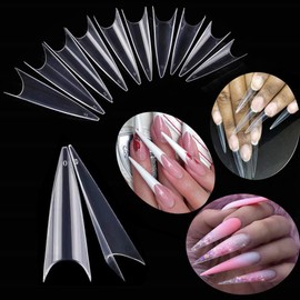 600pcs Stiletto Nail Tips Long Shape Clear Half Cover False Nail Art Tips ，DIY Nail Salon Art 10 Size with Bag
