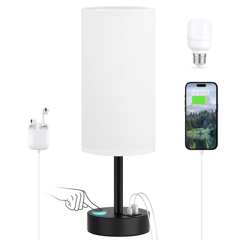 White Touch Table Lamp with USB - 3 Way Dimmable