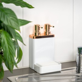 bremermann Sink Organizer with Dual Dish Liquid Dispenser and Sponge Holder (White/Rose Gold)