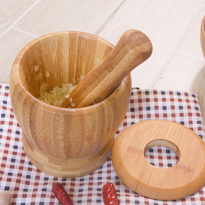 Bamboo Mortar and Pestle Set with Lid Spice Grinder Kitchen