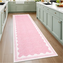 2x6 Runner Rug for Hallway Washable Kitchen Rugs Non Slip Solid Pink Modern Minimalism Soft Low-Pile Scalloped Indoor Carpet for Entryway Laundry Room Floor Mats with Rubber Back