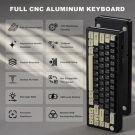 YUNZII YUNZII AL66 Wireless Mechanical Keyboard,Full Aluminum CNC,65% Knob Control,Bluetooth/2.4G/Wired,Hot Swappable Pre-lubed Switches,Gasket Mounted RGB for Win/Mac(Milk Switch, Black)