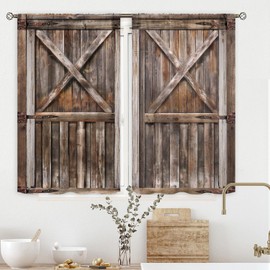 Cinbloo Wooden Kitchen Curtains Rod Pocket 27.5W x 39L Inch Rustic Barn Door Kitchen Decor Brown Wood Farmhouse Country Western Garage Gate Countryside Short Design Cafe Small Window Drapes 2 Panels