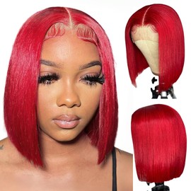 FJsuprise Red Bob Wigs Human Hair Pre Plucked Red Lace Front Wigs Human Hair for Black Women 180% Density Wear and Go Glueless 13x4 HD Transparent Lace Frontal Straight Short Bob Wigs 8 Inch