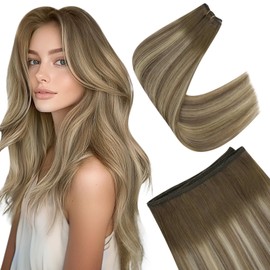 Easyouth Weft Hair Extensions Real Human Hair Balayage Darker Brown to Ash Brown Mix Blonde Sew in Hair Extensions Hair Wefts Human Hair Double Weft Bundles Straight Human Hair 12Inch 70g/Pack