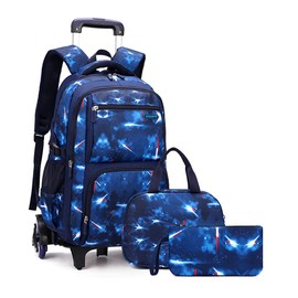 3Pcs Space Print Rolling Backpack Boys Bookbag on Wheels with Lunch Bag, Wheel Trolley Bag for School