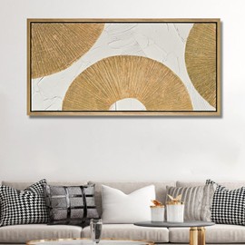 TRAIN2 ART Textured Wall Art Gold and White Geometric Canvas Circle Block Painting for Living Room Bedroom Bathroom Office Wall Decor 20"x40"