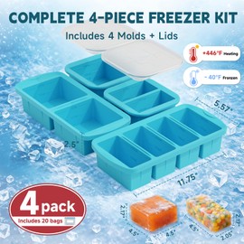 4-Pack Silicone Freezer Trays with Lid & 20 Bags - Multi-Size 1-Cup & 2-Cup Portions, Food-Grade Silicone Freezer Molds for Soup & Meal Prep - Freezer Storage Containers, Oven & Dishwasher Safe - Blue