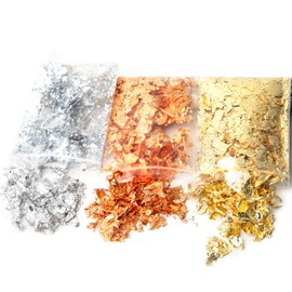 Berolle 6 Gram Gold Foil Flakes Gold Leaf Flakes Gilding Flakes Imitation Metallic Foil Flakes for Nails Painting Crafts Slime and Resin Jewelry Making (Gold, Silver & Copper)