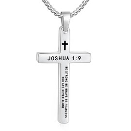 Fiusem Silver Tone Cross Necklace for Men,Bible Verse JOSHUA 1:9 Cross Pendant with 2.5mm Box Chain 22 Inch