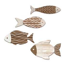 Aikgidtt 4 Pieces Wooden Fish Wall Decor Set, 12 Inch Coastal Wall Art for Bathroom, Beach House, Family Rooms - with Hooks & Adhesive Pads (Brown)