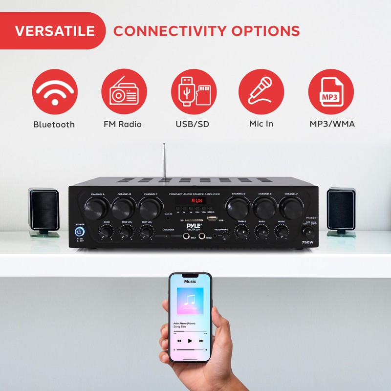 Pyle Wireless Bluetooth Home Audio Amplifier System-Upgraded 6 Channel 750