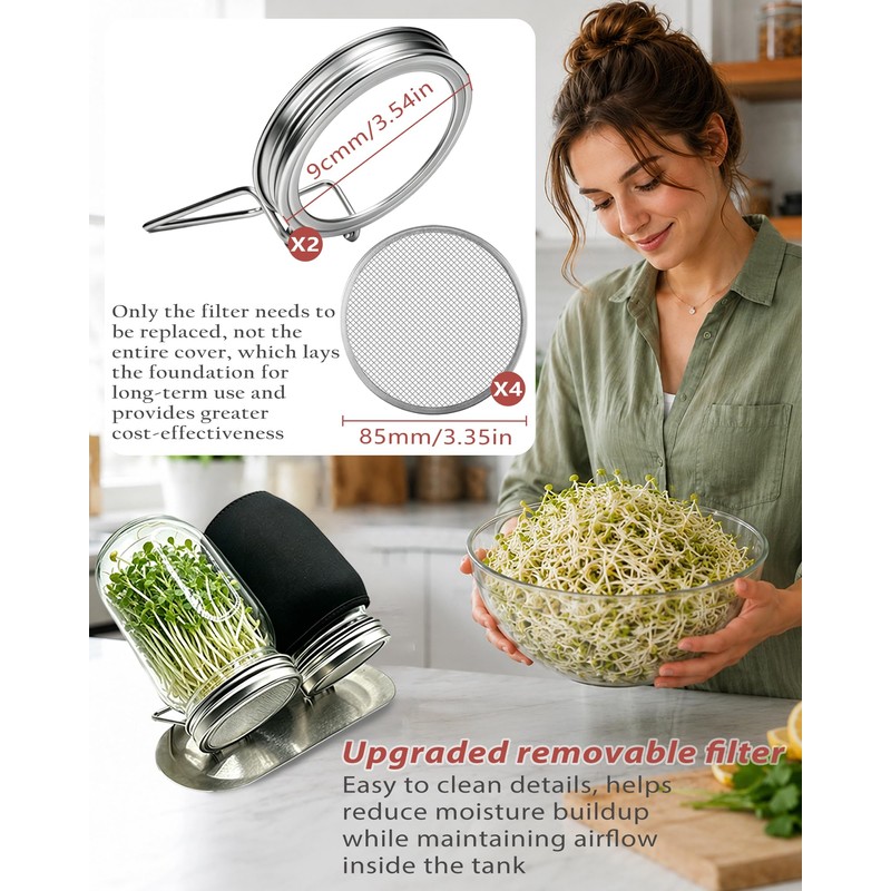 2Pack Sprouting Lids for Wide Mouth Mason Jars, Stainless Steel