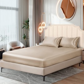 Ersmak Satin Fitted Sheet Only, Luxury Silky Queen Fitted Sheet Ultra Soft Deep Pocket Bottom Sheet, Wrinkle & Fade Resistant - Beige