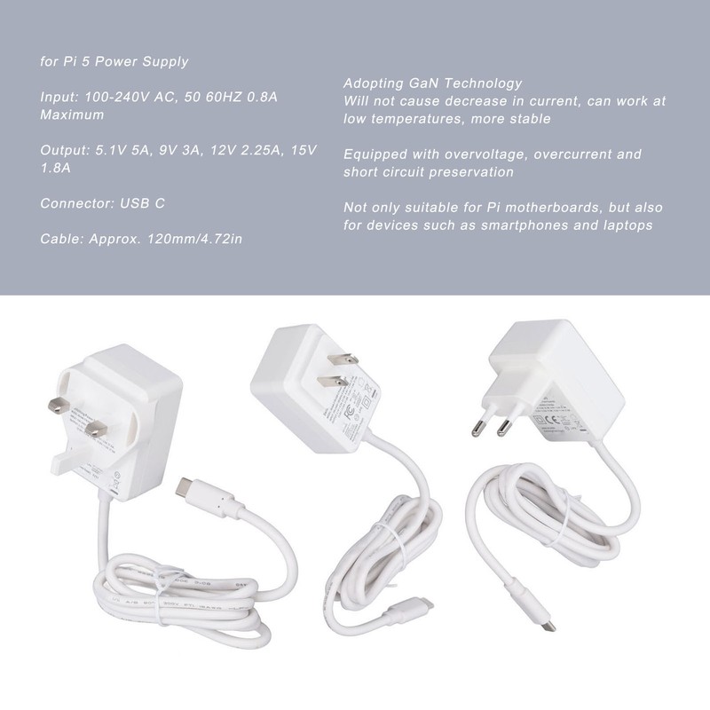 for Pi 5 Power Supply 5.1V 5A 27W PD USB