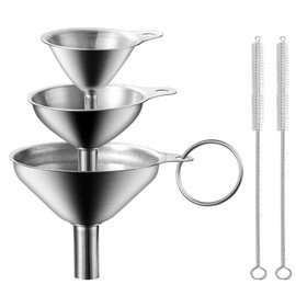 3 Stück Trichter Edelstahl mit 2 Reinigungsbürste,Metall Einfülltrichter Set,Mini Küche Strainer Trichter,Stapelbarer Kleiner Trichter für Übertragen von Flüssigkeit, Kochölen (7.5/5.5/4.5cm)