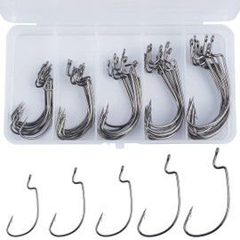 Bass Hooks Worm Hooks Ewg Hooks, 50/100pcs Offset Worm Hooks Texas Rig Hooks 3X Strong High Carbon Steel Fishing Hooks for Soft Plastic Bait Fish Hooks for Bass Trout (50pcs Worm Hooks(1/0-5/0))