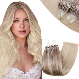 RUNATURE Micro Ring Real Hair Extensions 45 cm Blonde Balayage Natural Micro Loop Extensions Real Hair 50 Strands 50 g 1 g Hair Extensions Real Hair Micro Ring Balayage Ombre Blonde #18/22/60
