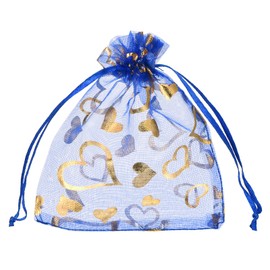 MECCANIXITY Organza Bag 4" x 5", Sheer Heart Mesh Bags Drawstring Gift Bags Bulk Party Favor Bag Jewelry Pouches for Wedding Candy Valentines (Bright Blue-Gold, Pack of 50)