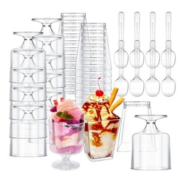 Mistari 50 Pack Clear Plastic Dessert Cups with Spoons, Mini Parfait Cups Pudding Cups for Cheesecake Yogurt Jello Mousse Snacks Fruit Trifle (High Footed Cups + Square Cups)