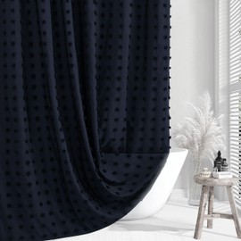 Siiluminisoy Extra Long Boho Shower Curtain Woven Fabric 84 Inch Navy Blue Shower Curtain, 72 x 84 Tufted Pleat Floral Puffs Textured Modern Minimalist Shower Curtain Set with Hooks for Bathroom
