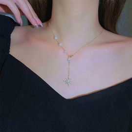 Aneneiceera Boho Crystal Pearl Star Necklace Cz North Star Y Necklace Gold Pearl Choker Necklace Rhinestone Pearl Lariat Necklace Chain Jewelry for Women and Girls
