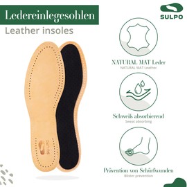 SULPO 3 Pairs of Leather Insoles with Activated Carbon for Sweaty Feet Insoles for Men and Women Anti Sweat Odour Absorber Soles Breathable Real Natural Mat Leather - Sizes 36-48